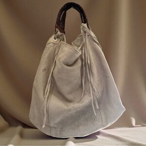 Tano Vintage Distressed Cream Leather Tote Bag w/ Fringe